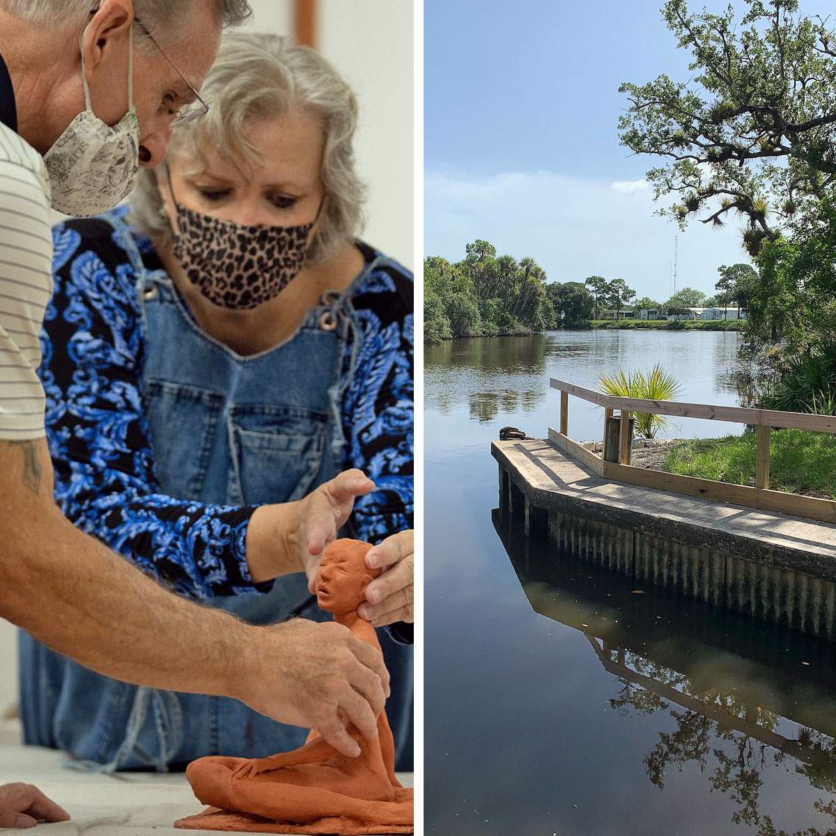 Two Images. 1. A couple wearing masks, working on a sculpture. 2. A pier next to a body of water with trees in the background.